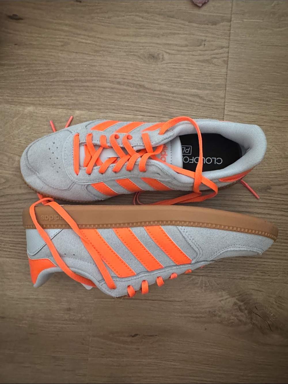 adidas Women’s Gray Suede Sneakers with Bright Orange Stripes